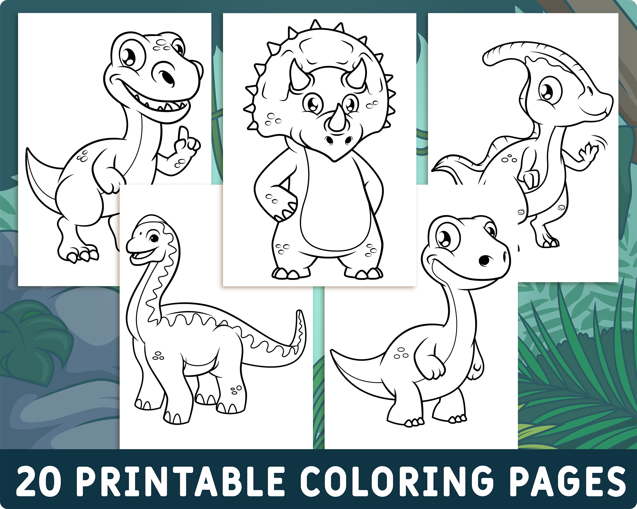 20 Printable Dinosaurs Coloring Pages For Kids Cute Dino Colouring Book Pictures Party Activity Teaching Resources Etsy
