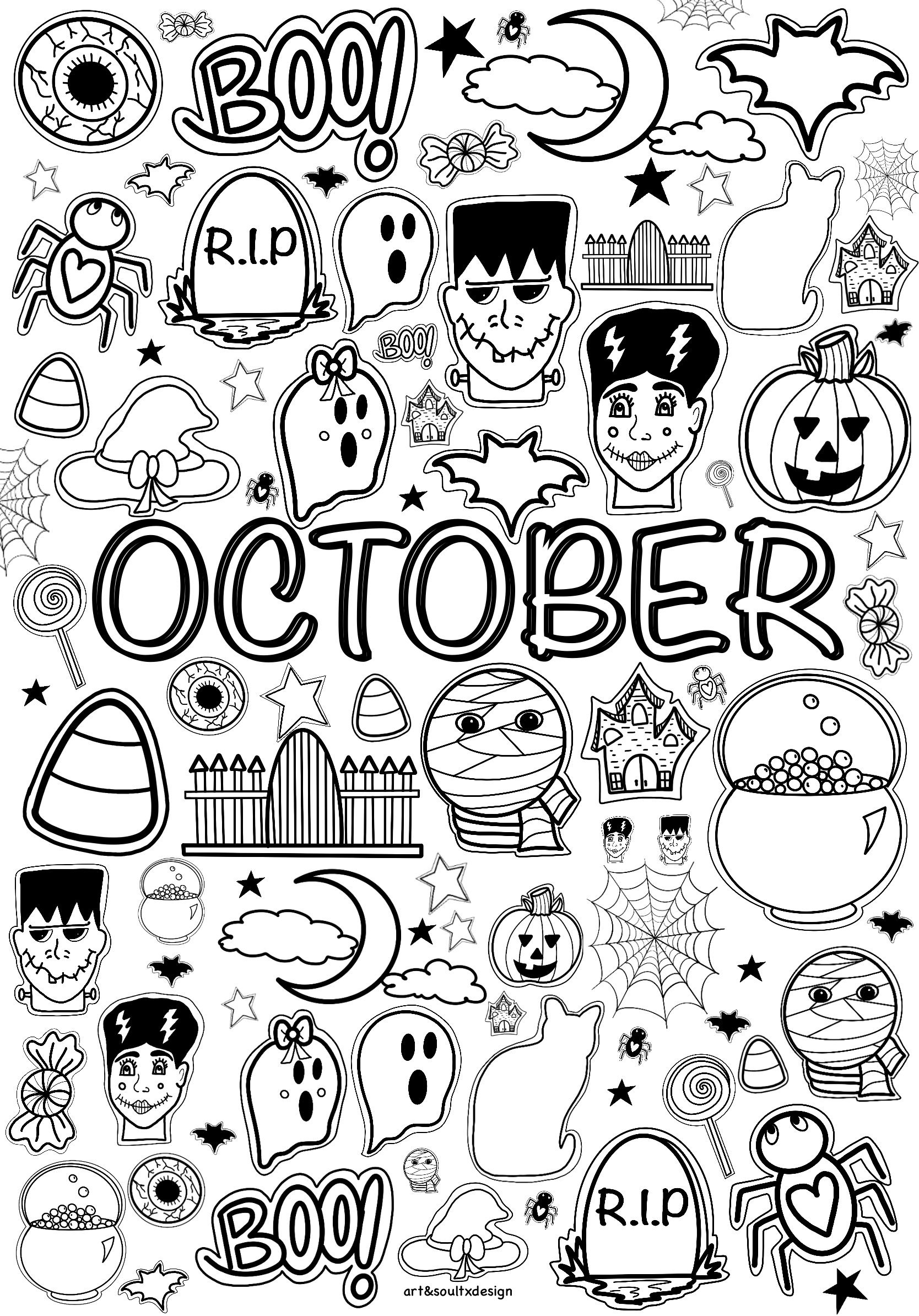 2024 Hand drawn Fall Coloring Pages September October November Seasonal Fall Time Halloween Color Sheets Month Color Sheets
