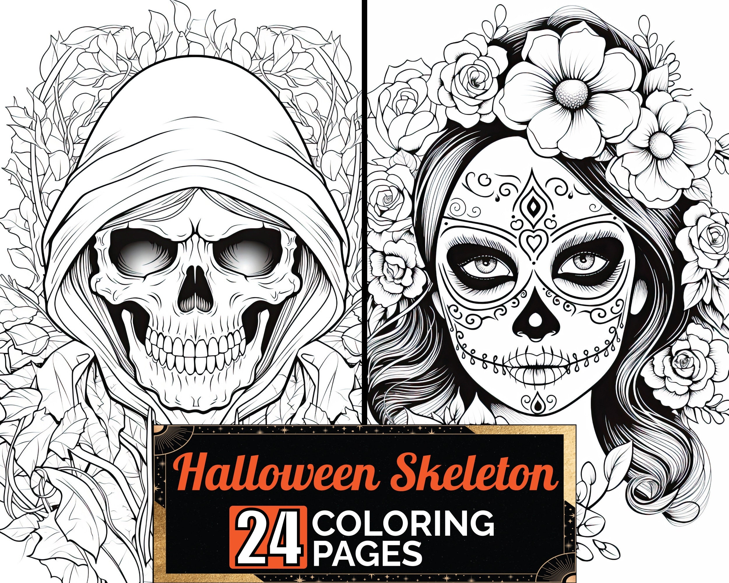 Artistic Halloween Skeleton Coloring Book 24 Premium Adult U0026 Kids Halloween Coloring Pages A4 Size Sheet Printable Digital PDF Download Etsy