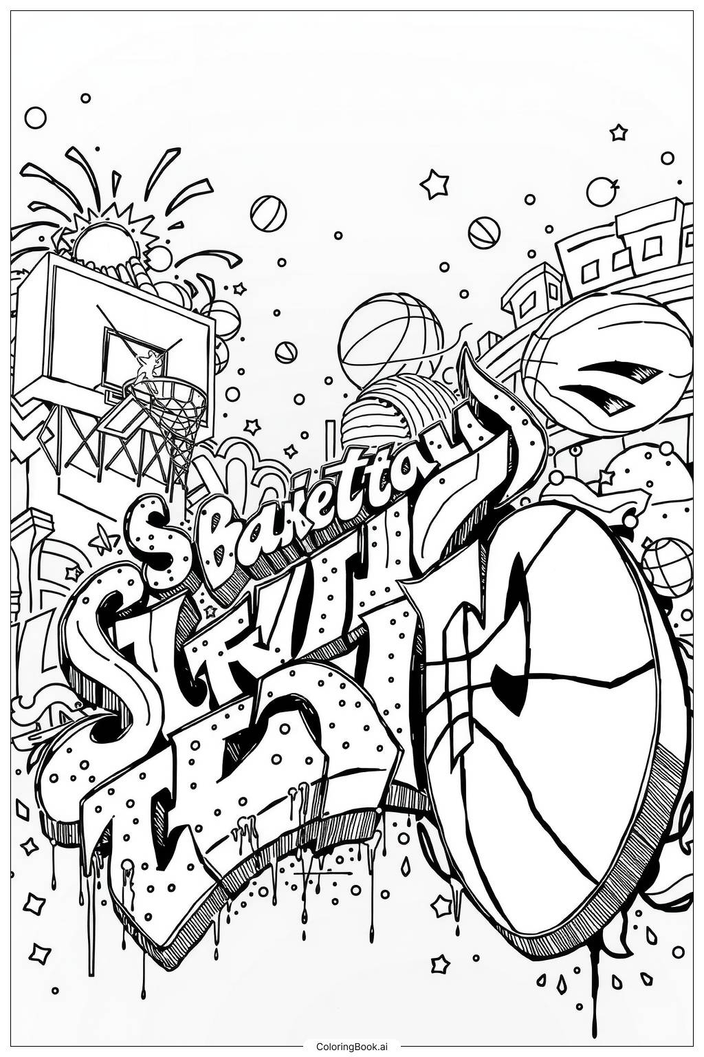 Basketball Graffiti Art Coloring Page Free PDFu0026PNG Printable 
