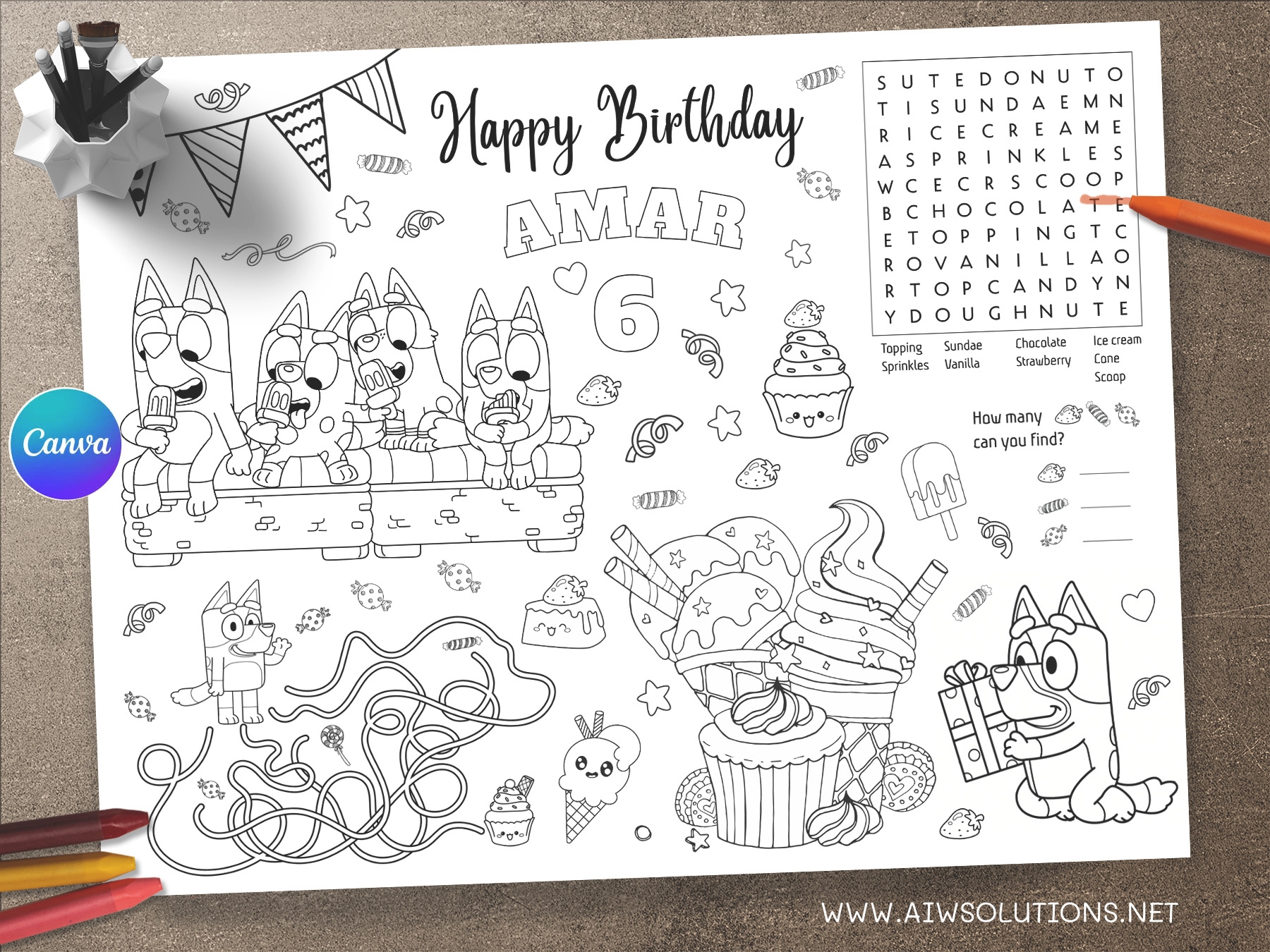 Bluey Birthday Activity U0026 Coloring Page Bluey Ice Cream Coloring Placemat Bluey Birthday Party Activity Kids Coloring Page ID08