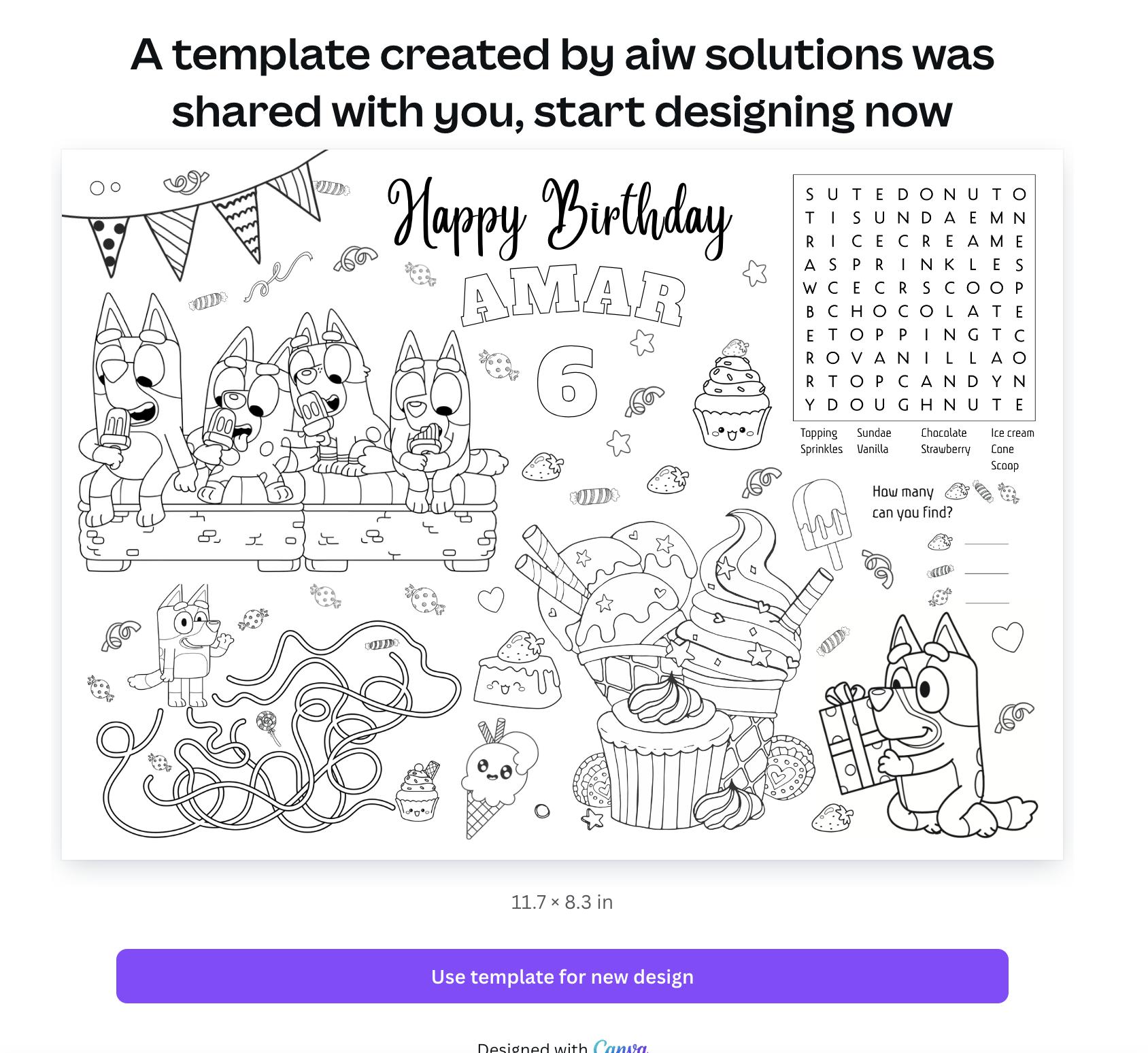 Bluey Birthday Activity U0026 Coloring Page Bluey Ice Cream Coloring Placemat Bluey Birthday Party Activity Kids Coloring Page ID08
