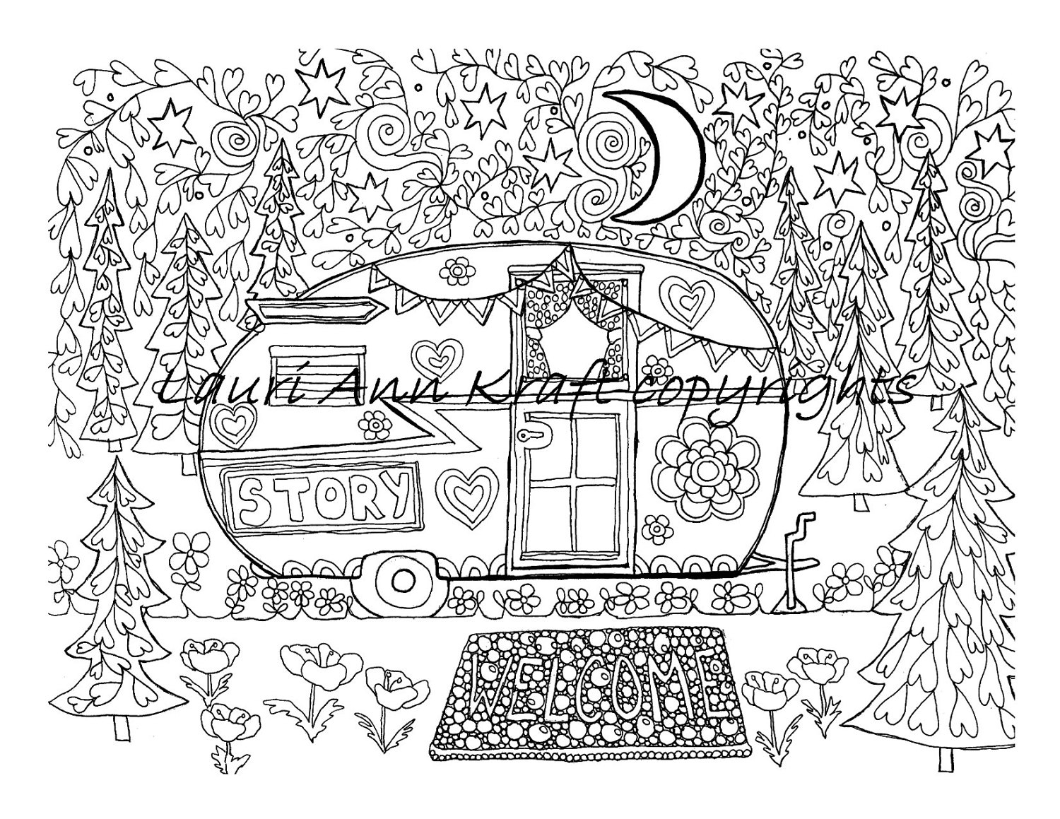 Camping Camper Glamping Vintage Printable Adult Coloring Book Page Instant Download Zentangle PDF Kraft Color Meditation Etsy