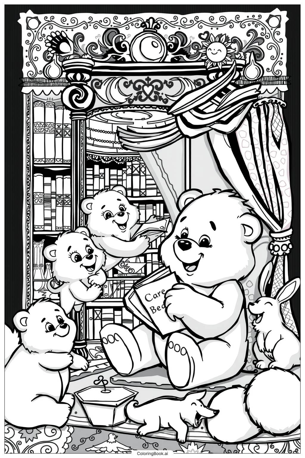 Care Bear Reading A Story To Friends Coloring Page Free PDFu0026PNG Printable 