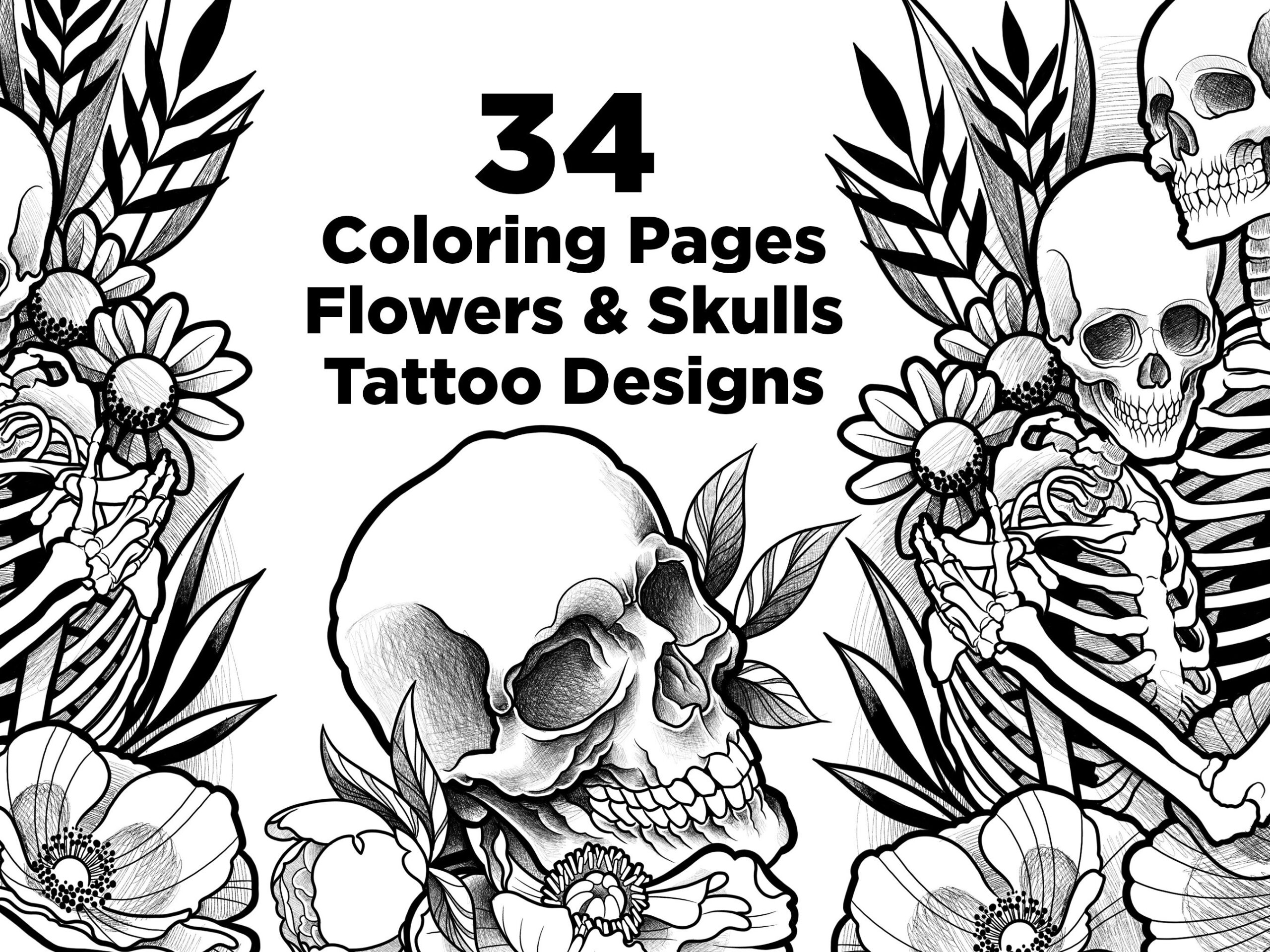 Coloring Book Flowers And Skulls Tattoo Coloring Designs Tattoo Art Coloring Pages Coloring Book Digital Download Adult Coloring Pages Etsy