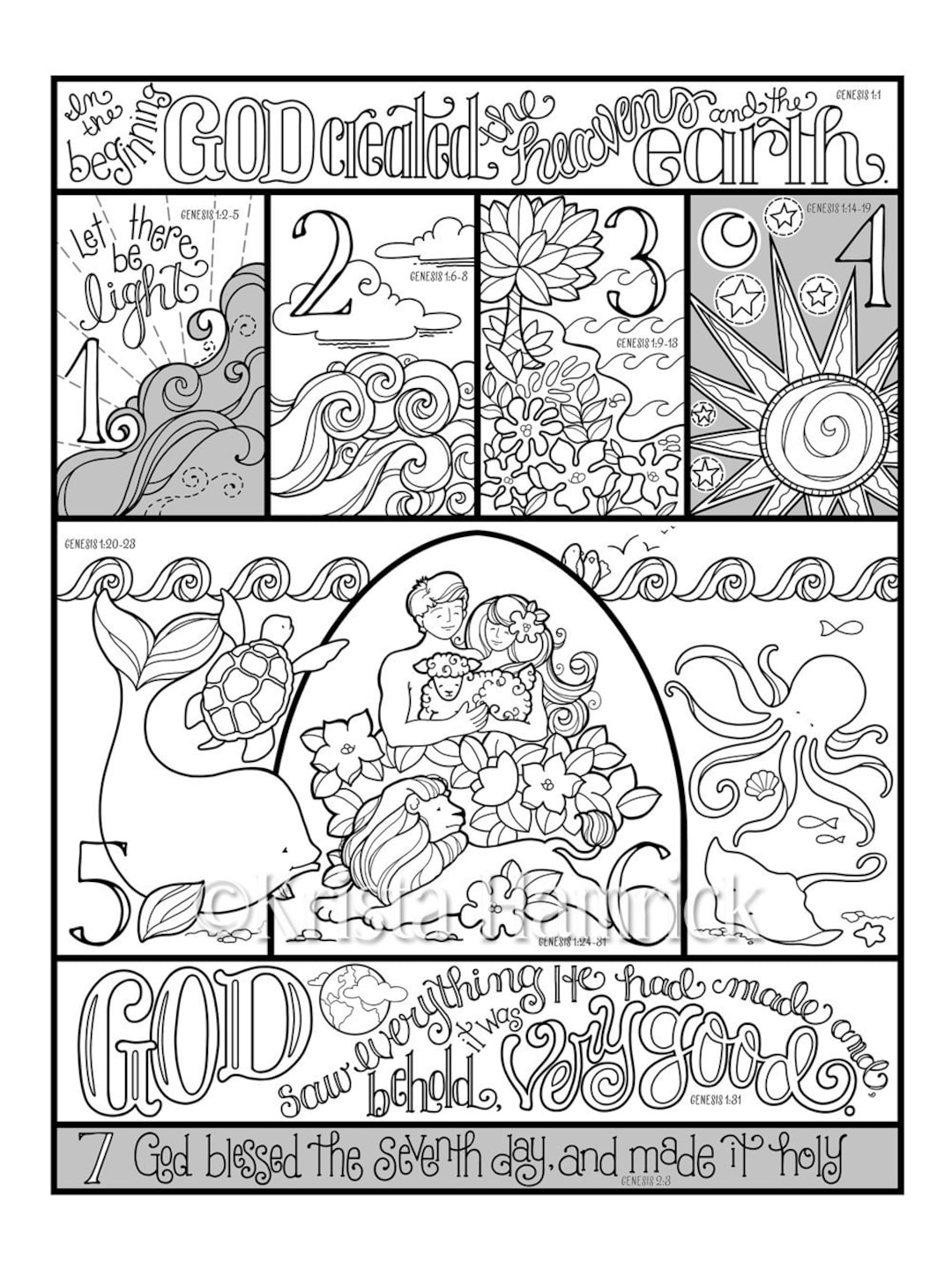 Days Of Creation Coloring Page In Three Sizes 8 5X11 8X10 Suitable For Framing 6X8 For Bible Journaling Tip in Etsy