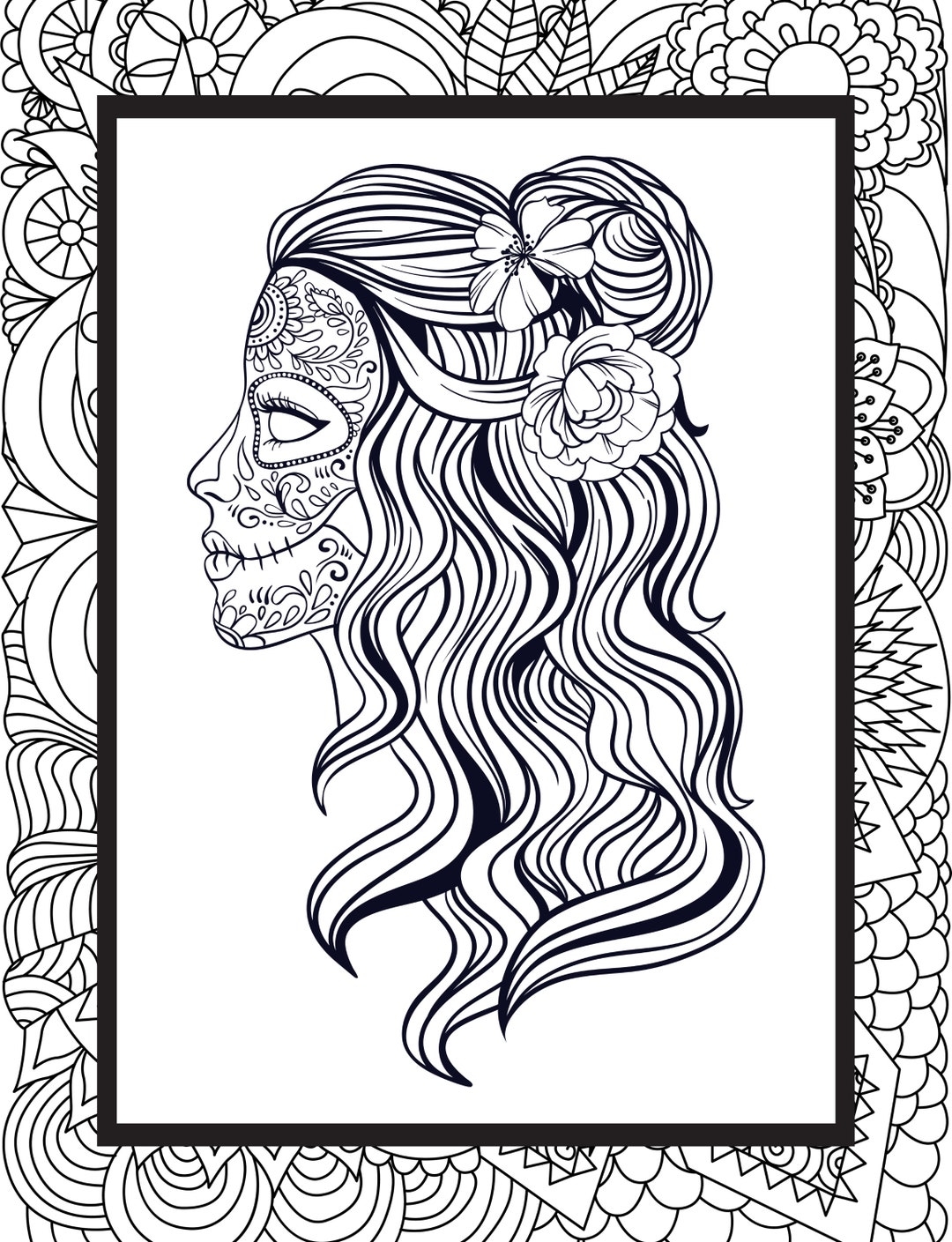 Female Sugar Skull Coloring Page For Adults Female Mexican Skull Color Page Relaxing Color Page Free Download Print 8 5 X 11 At Home