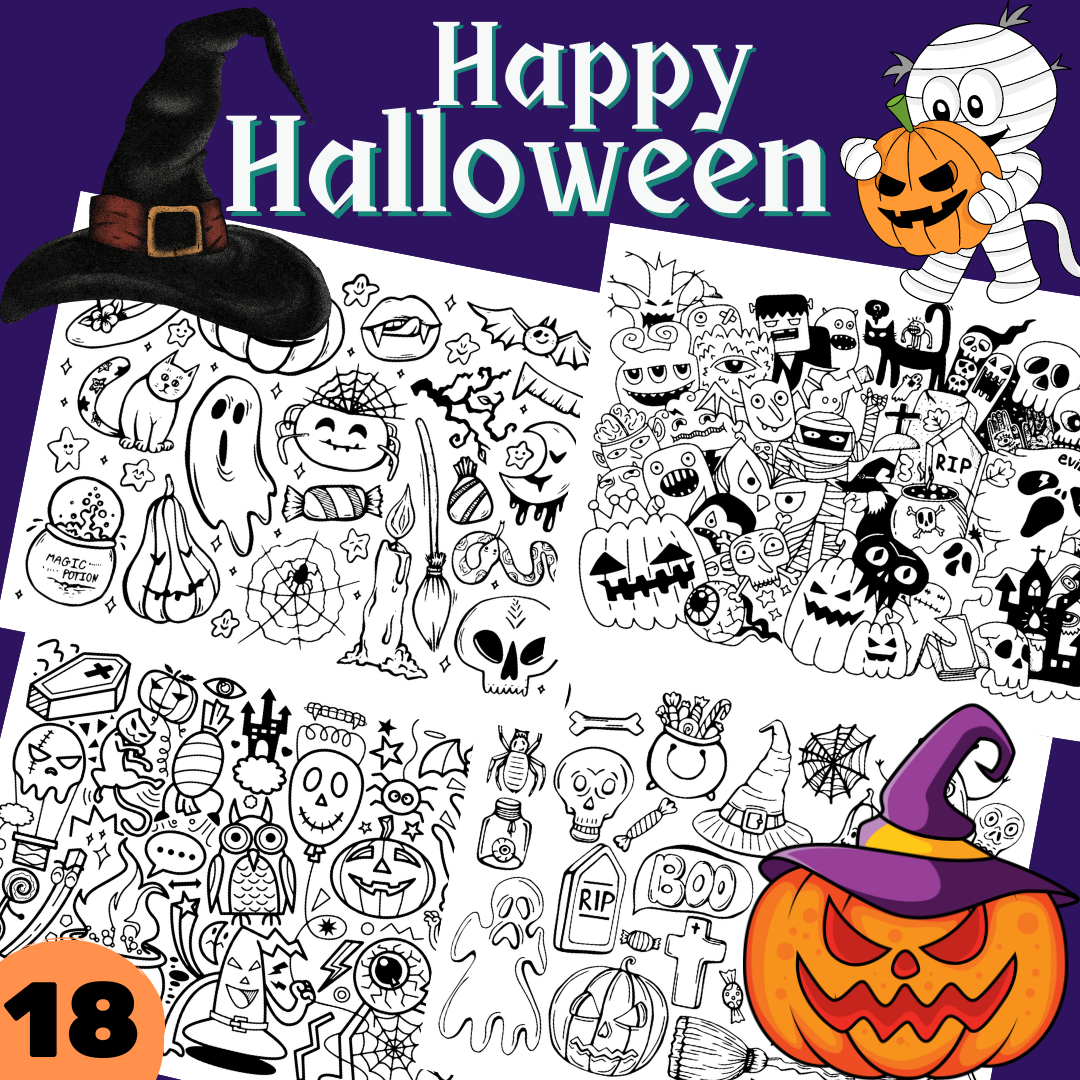 Halloween Ghost Witch Hat Cat Pumpkin spooky Objects Doodle 