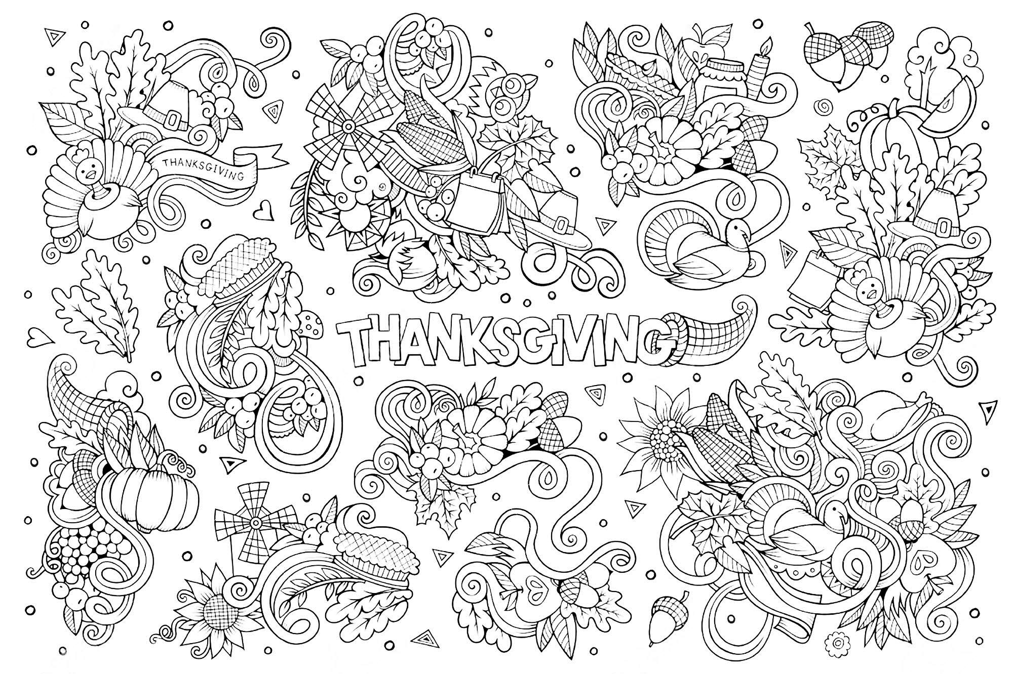 Hand Drawn Doodle Cartoon Set Of Objects And Symbols For Thanksgiving Thanksgiving Coloring Pages For Adults Page Op art 