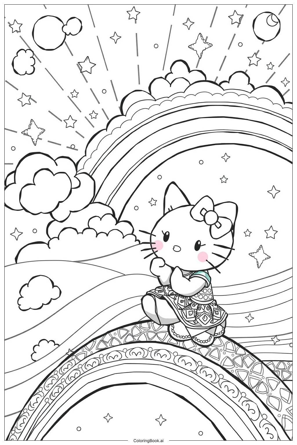 Hello Kitty Sitting On A Rainbow Coloring Page Free PDFu0026PNG Printable 