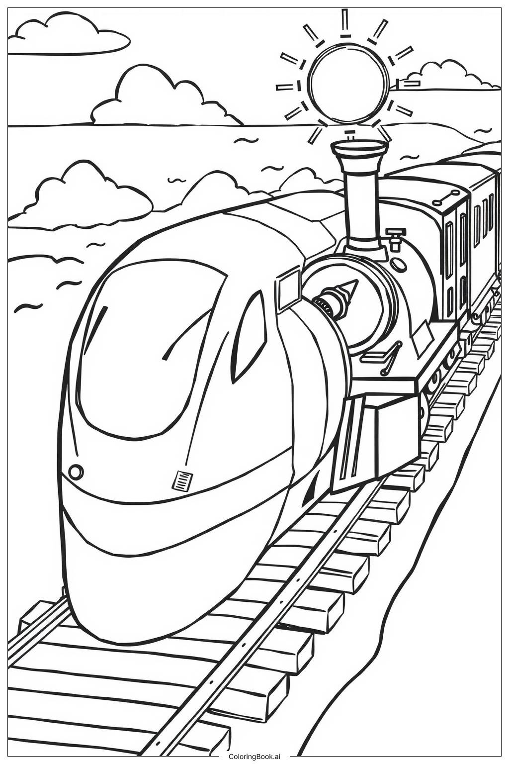 High Speed Train And Freight Train Passing Each Other Coloring Page Free PDFu0026PNG Printable 