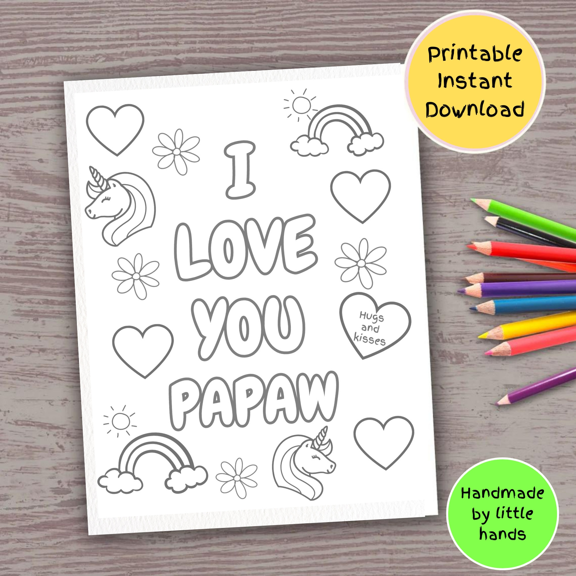 I Love You Papaw Printable Coloring Page For Kids Rainbow Unicorn Art Activity Diy Handmade Birthday Card Fathers Day Grandparents Day Gift Etsy