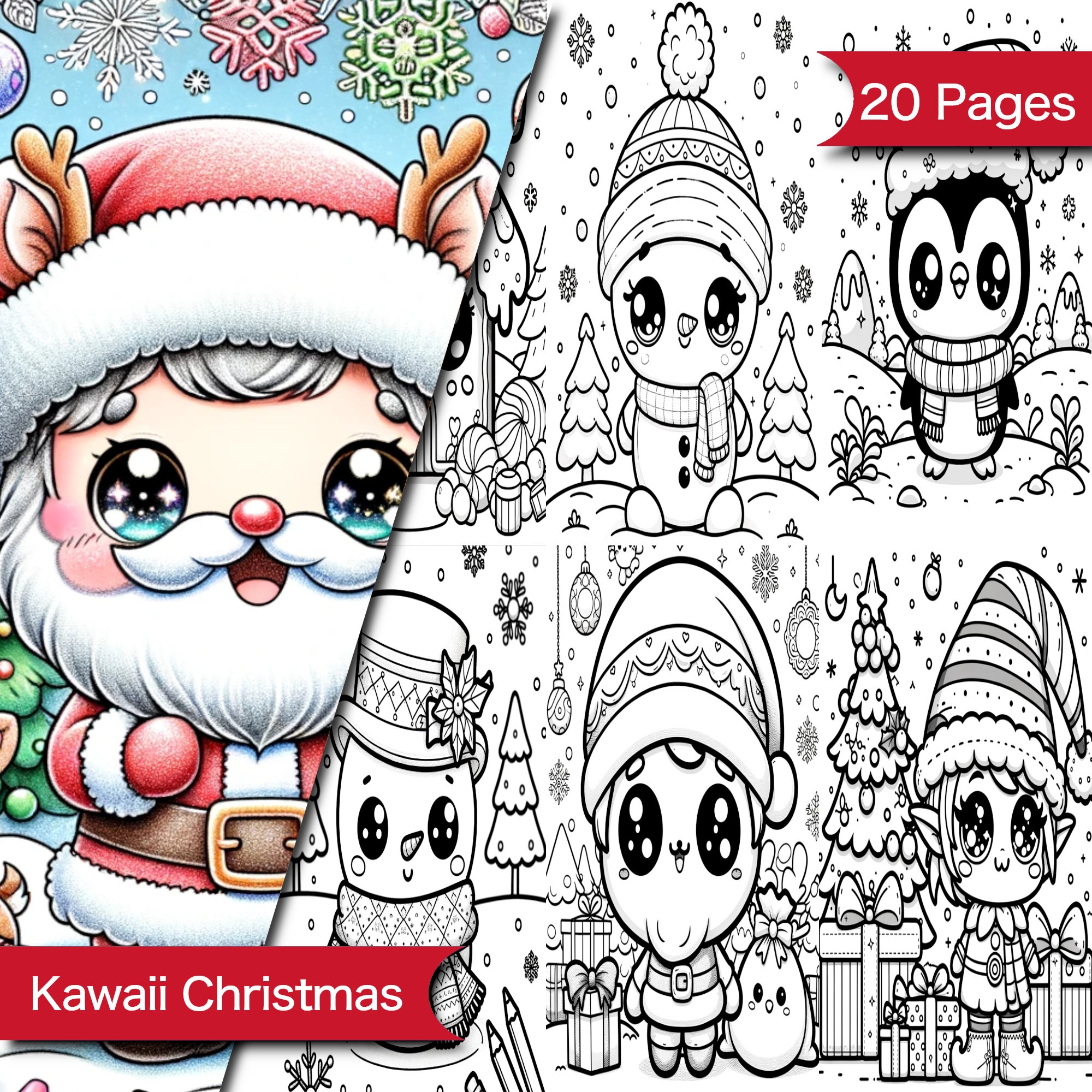Kawaii Christmas Coloring Pages Adults And Children Cute Kawaii Coloring Christmas Pages Digital Download Printable Pages Etsy Ireland