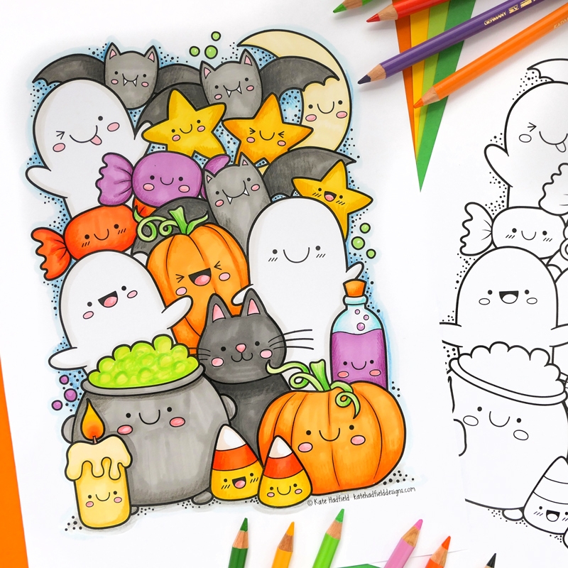 Kawaii Halloween Colouring Page Kate Hadfield Designs