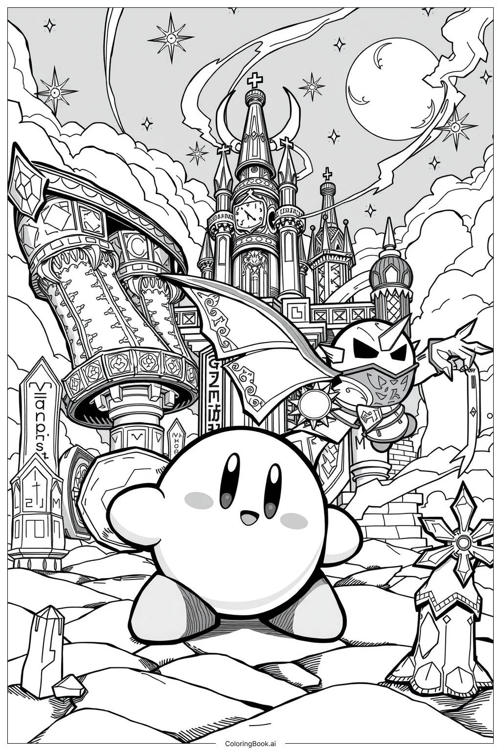 Kirby Teaming Up With Meta Knight Coloring Page Free PDFu0026PNG Printable 