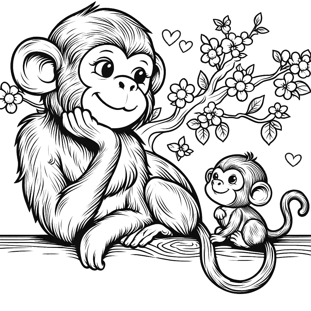 Monkey With Cute Infant Monkey At A Tree With Flowers Coloring Page