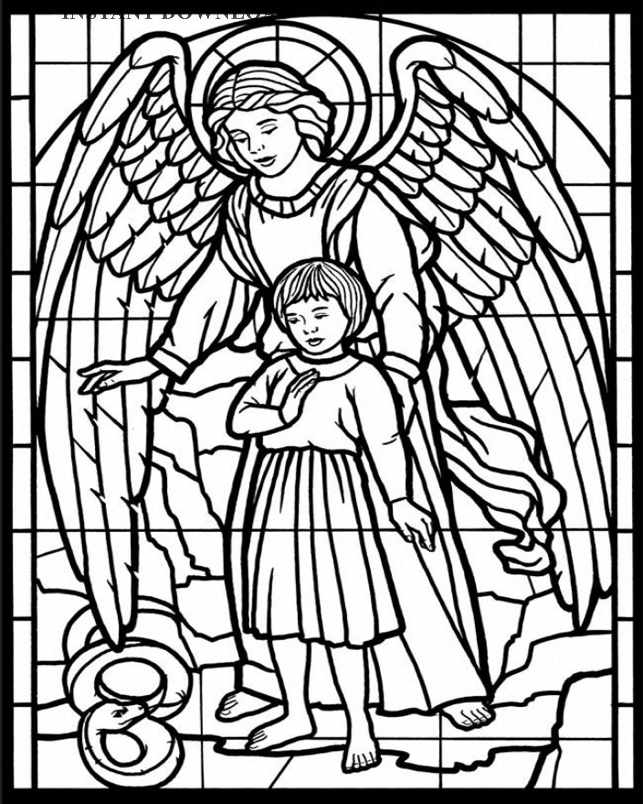 Printable Angel And Child Stained Glass Coloring Page Digital Download 8 X 10 Sheet