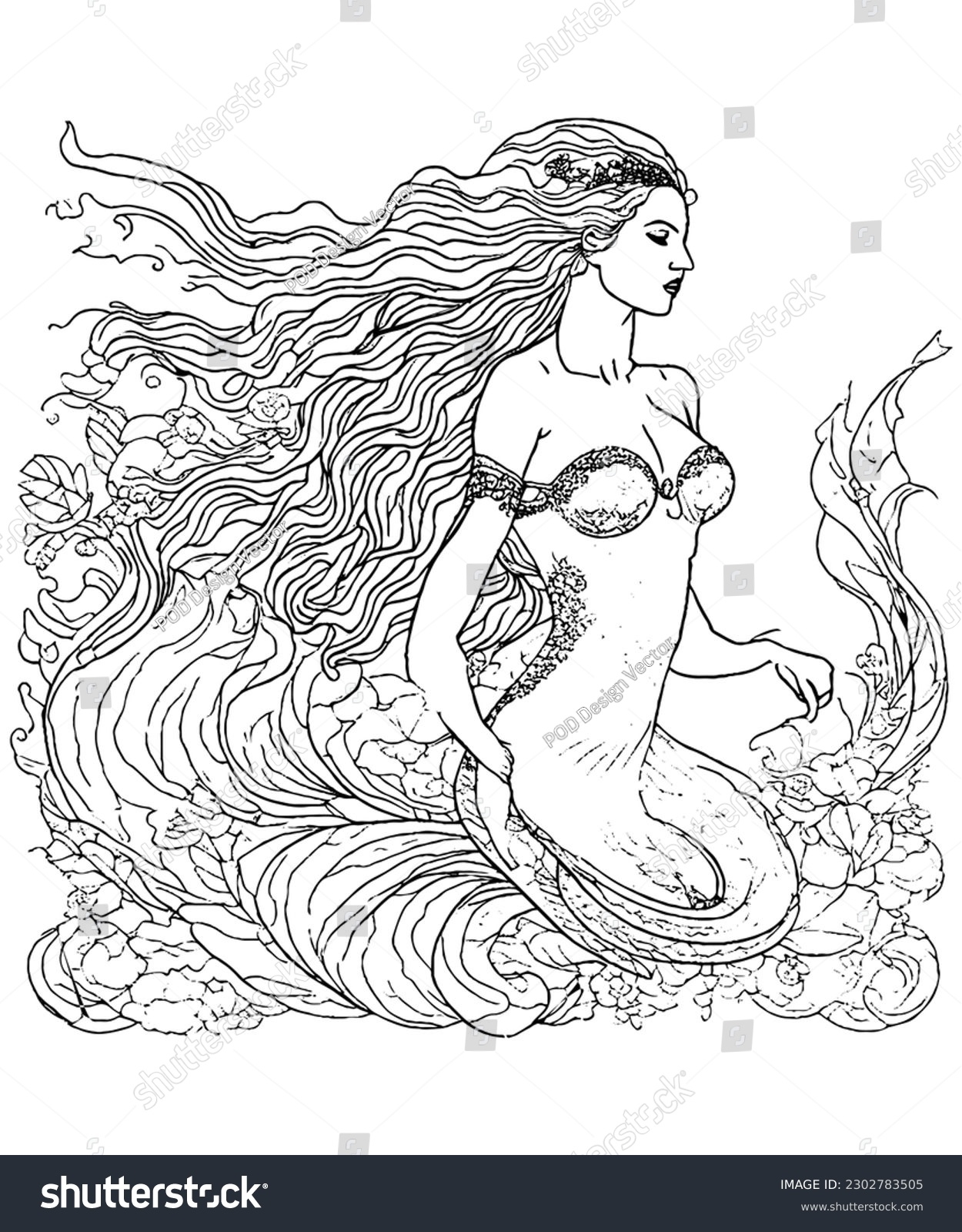 Printable Mermaid Coloring Page Beautiful Line Stock Vector Royalty Free 2302783505 Shutterstock