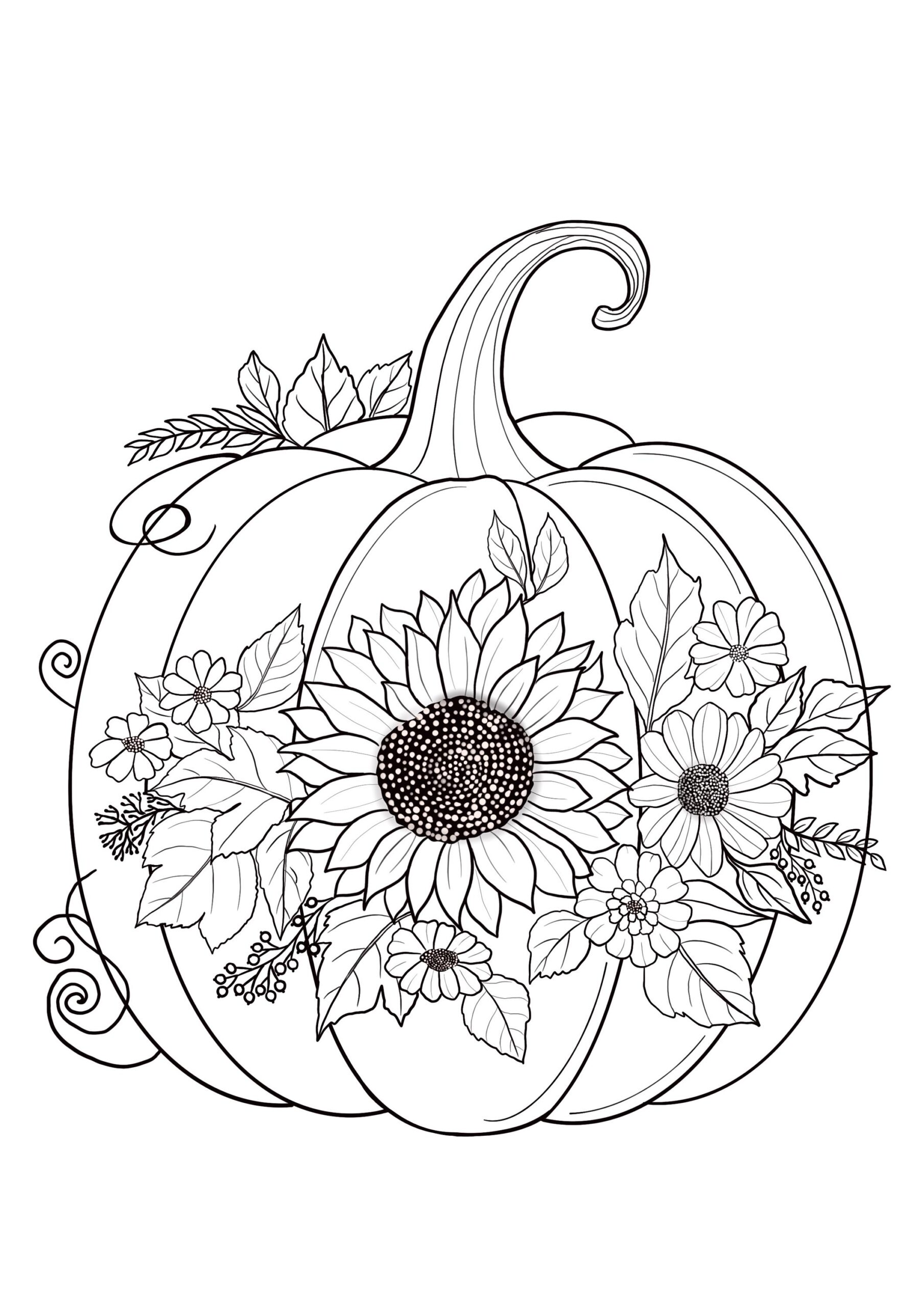 Printable Pumpkin Coloring Sheets With Flowers Coloring Pages Adult Coloring Pages Kids Coloring Pages Coloring Autumn Leaves