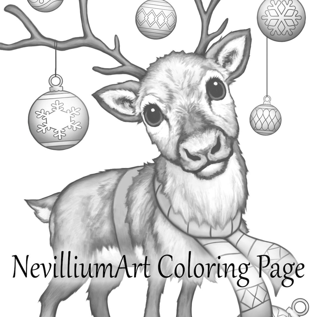 Reindeer Games Christmas Grayscale Coloring Page NevilliumArt Instant Download Printable JPEG U0026 PDF Files