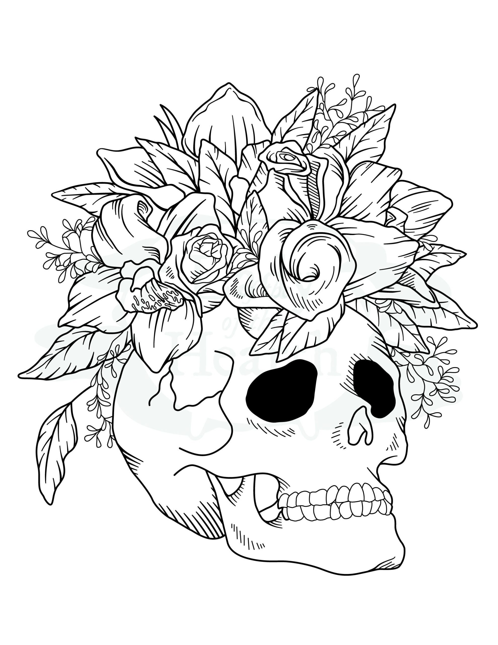 Skull With Flowers Printable Coloring Page Instant Download Etsy