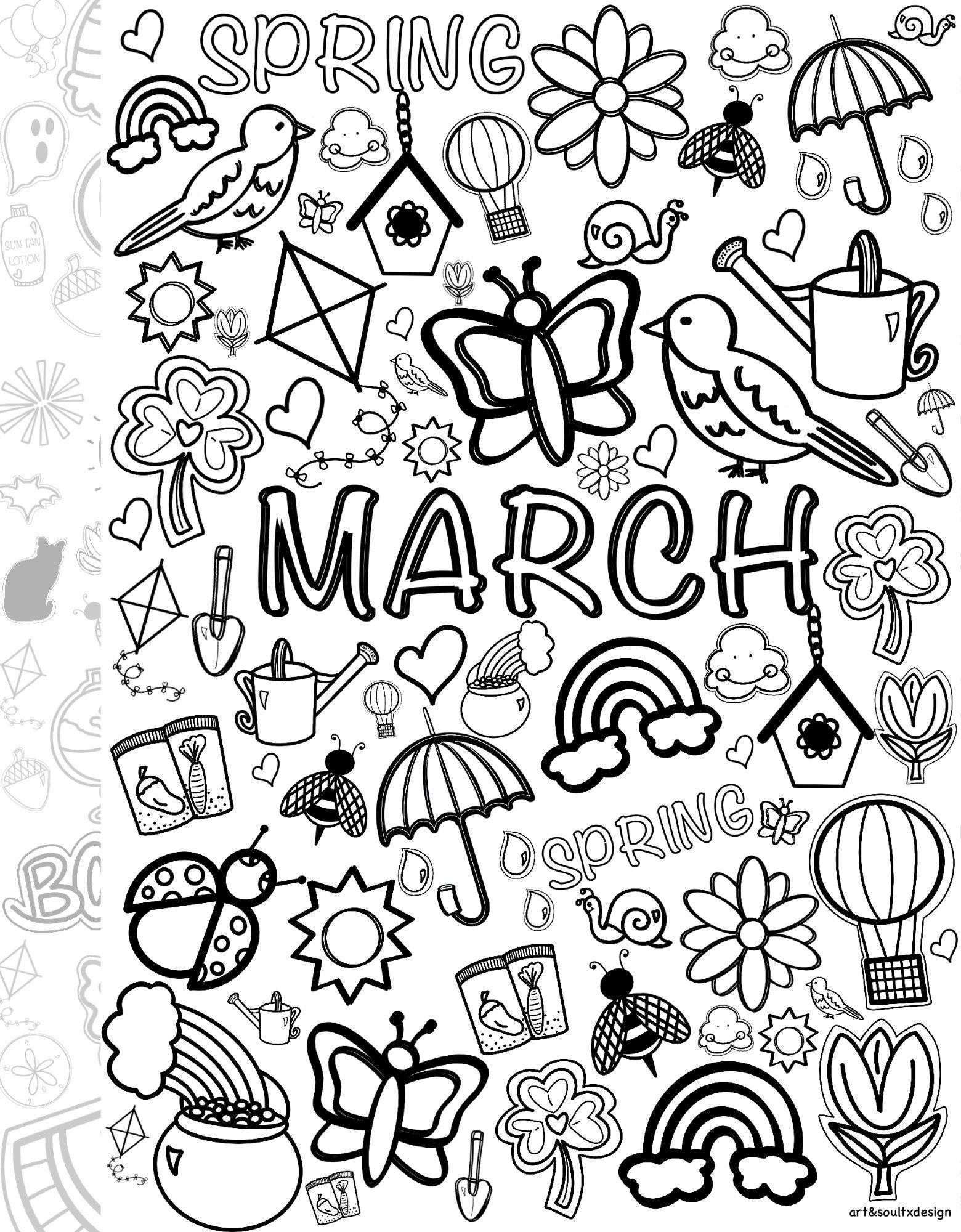 Spring Hand drawn Coloring Pages March April May 2023 Spring Seasonal Spring Time Spring Color Sheets Month Color Sheets Etsy