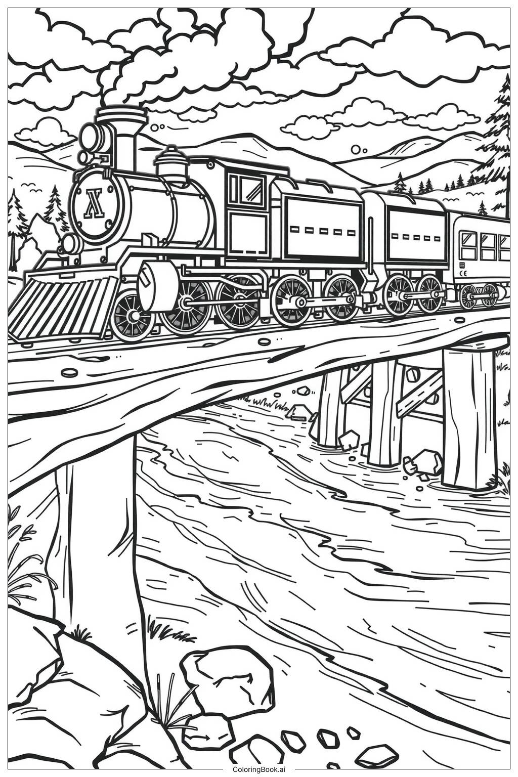 Train Crossing A River On A Wooden Bridge 2 Coloring Page Free PDFu0026PNG Printable 
