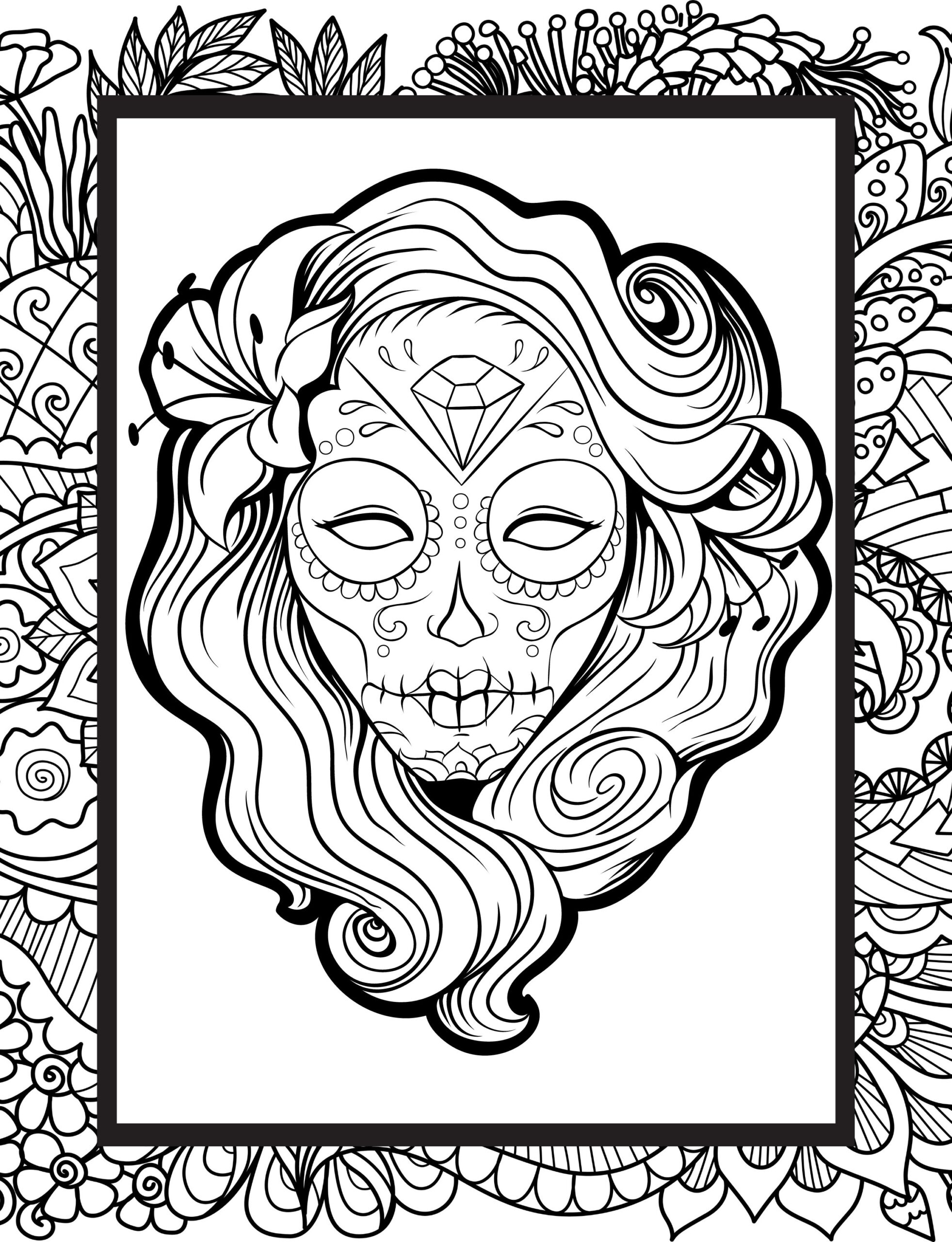 Day Of The Dead Mexican Skull Color Page Female Sugar Skull Coloring Page For Adults Halloween Free Download Print 8 5 X 11 At Home Etsy