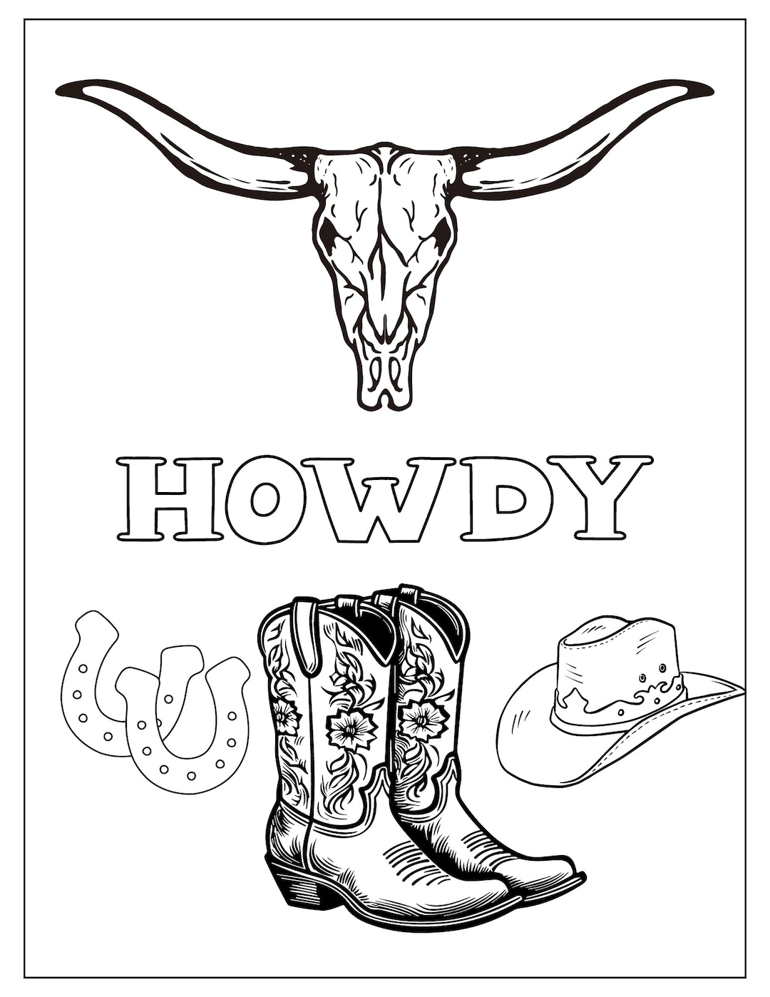 Howdy Coloring Page Western Coloring Page Kids Coloring Page Adult Coloring Page Printable Coloring Page Coloring Page Summer Activity Etsy
