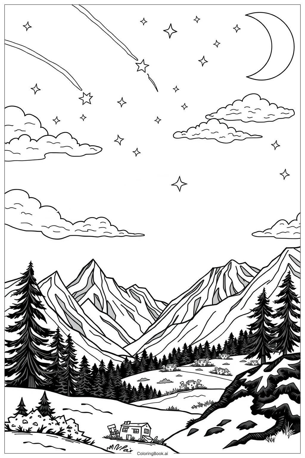 Shooting Star Over A Magical Landscape Coloring Page Free PDF PNG Printable 