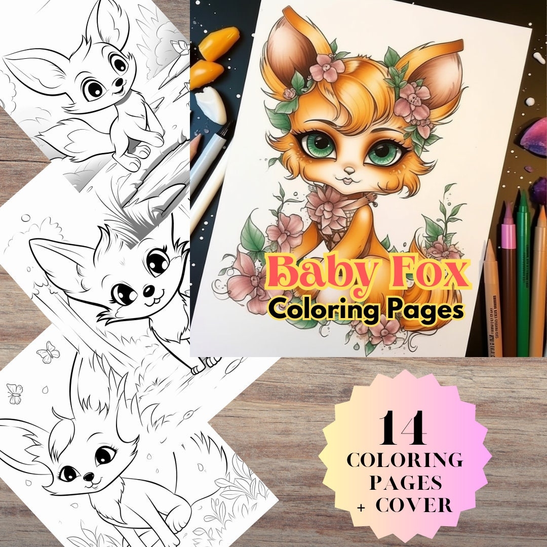 14 Cute Fox Coloring Pages Instant Download Grayscale Coloring Book Printable PDF File Etsy