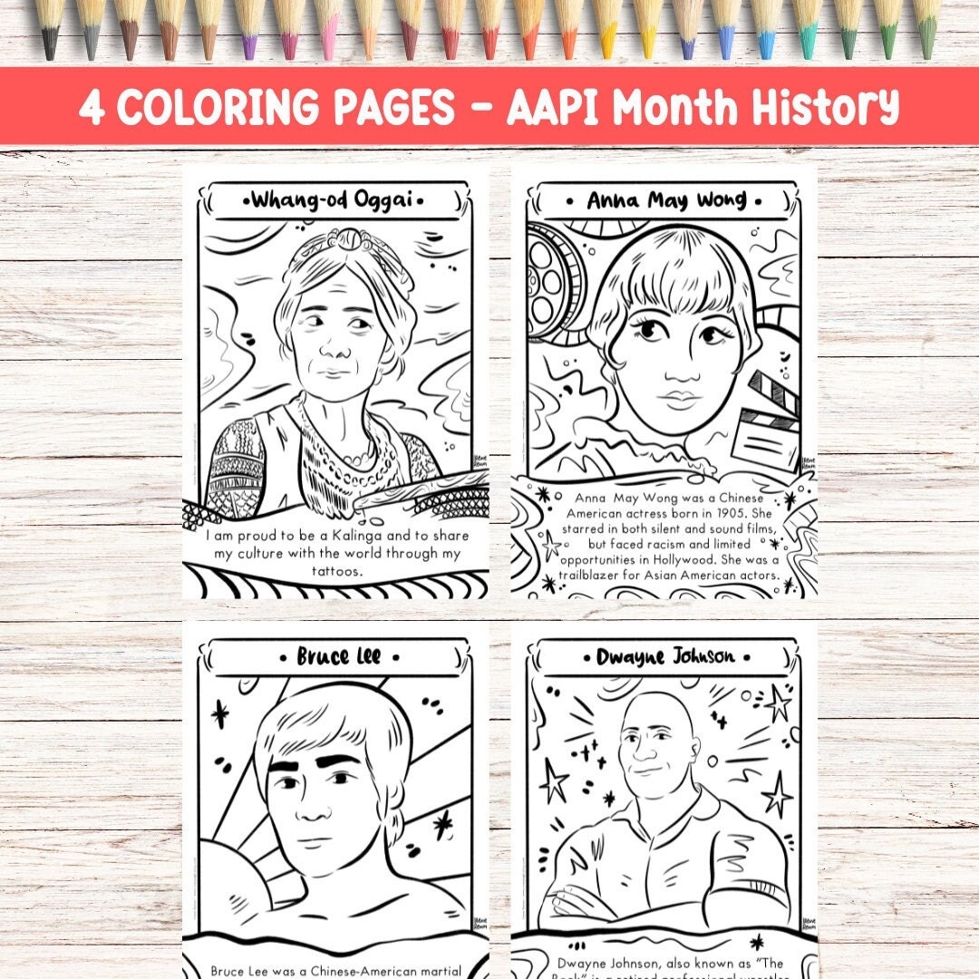AAPI Printable Coloring Page Bundle Set AANHPI Educational Printable Drawing Teacher Lesson AAPI Heritage Month Historical Portrait Drawing Etsy