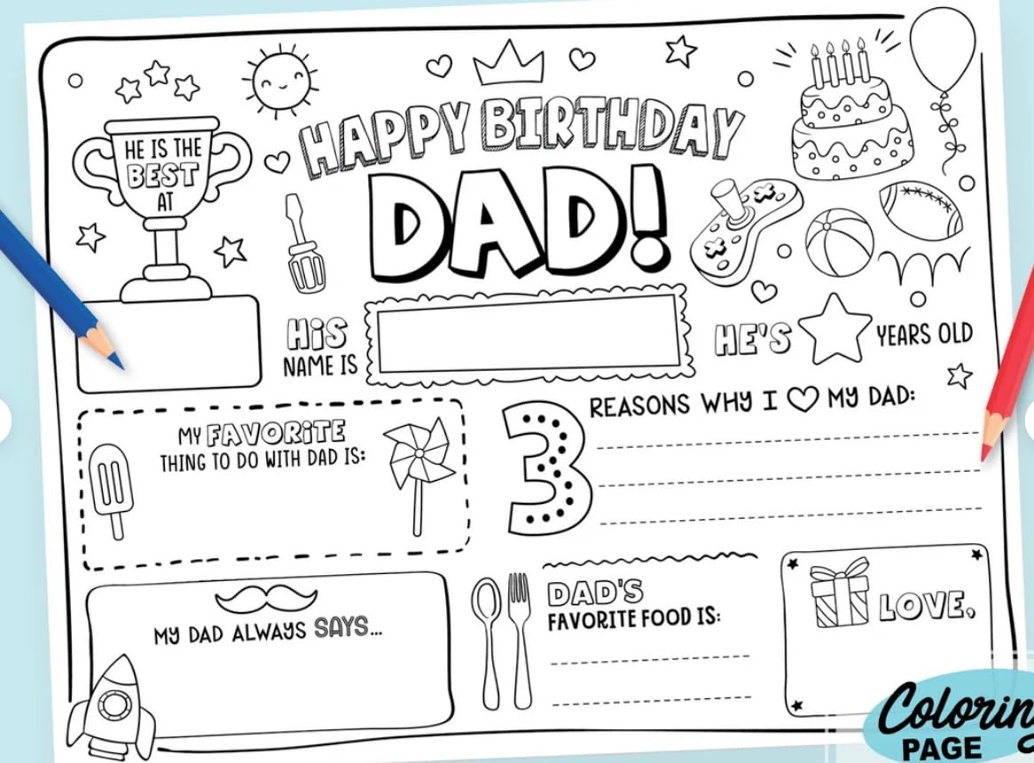Amazon CJ M Happy Birthday Dad Coloring Page All About Dad Fill In Template Father s Birthday Activity Dad s Birthday Card For Kids Perfect Craft Gift From Kids For Father s Birthday 