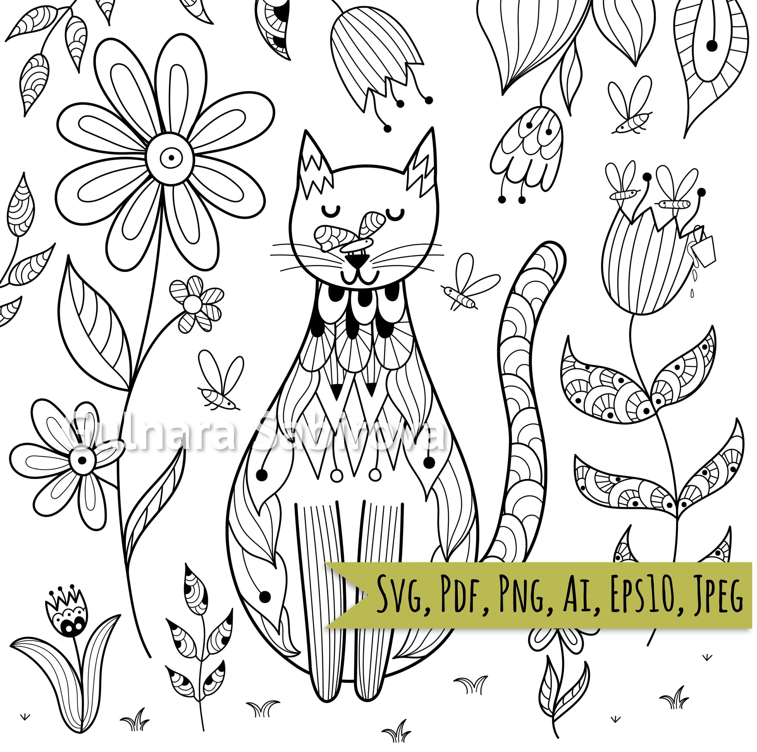 Cat Coloring Page PDF Adult Coloring Page Png Jpeg AI Eps Printable Coloring Page For Kids Etsy