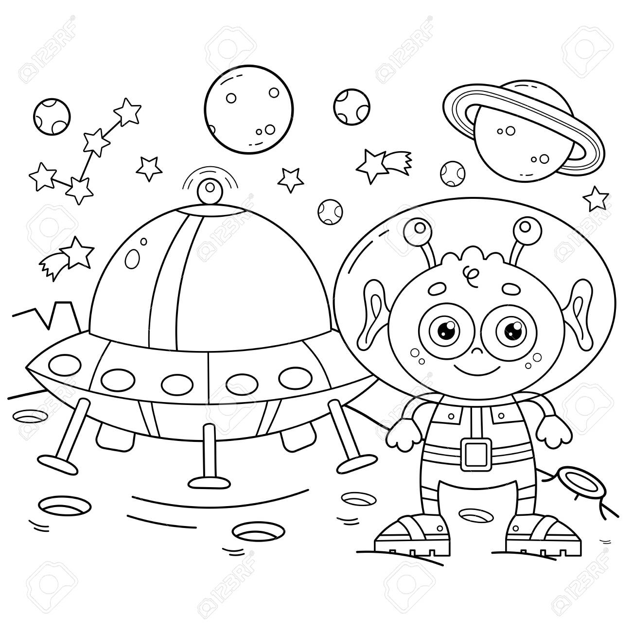 Coloring Page Outline Of A Cartoon Alien With A Flying Saucer On A Planet In Space Coloring Book For Kids Royalty Free SVG Cliparts Vectors And Stock Illustration Image 155008293 