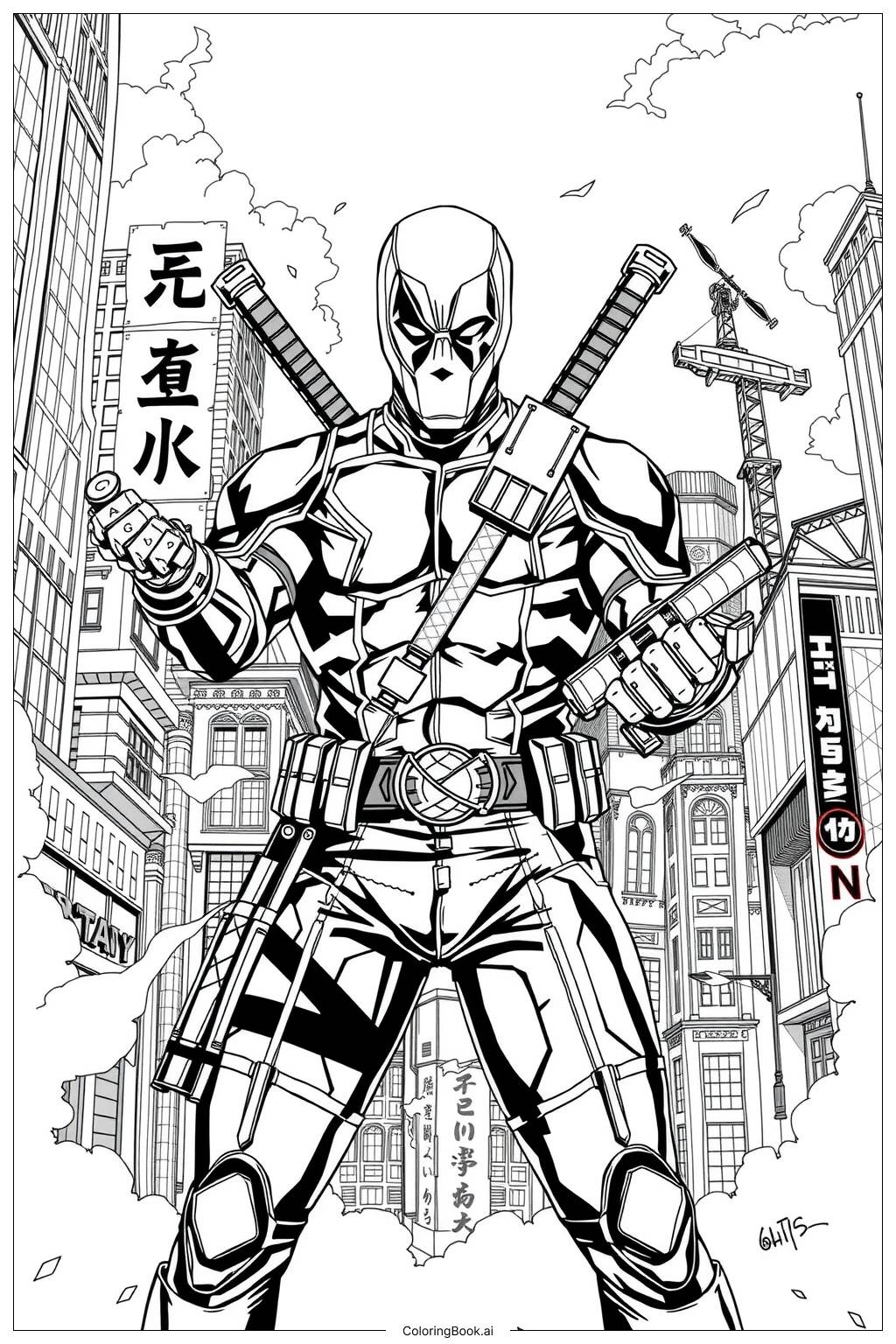 Deadpool In Midnight Cityscape Coloring Page Free PDF PNG Printable 