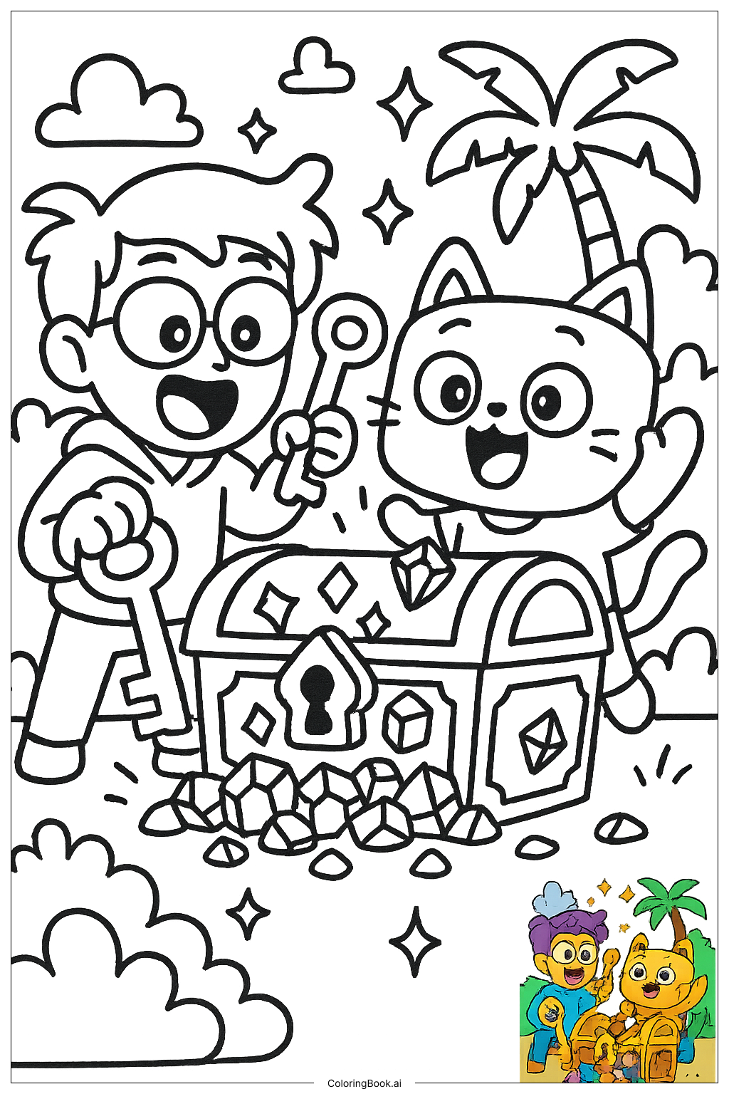 Lankybox Unlocking Secret Treasure Chest Coloring Page Free PDF PNG Printable 