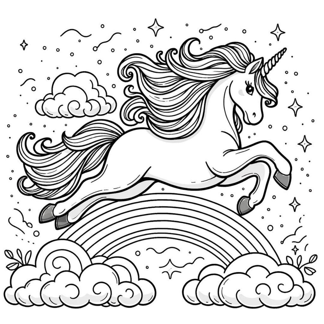 Magical Unicorn Coloring Pages Printable Leaping Unicorns With Stars Clouds And Rainbow Kids Whimsical Coloring Book Art Etsy UK
