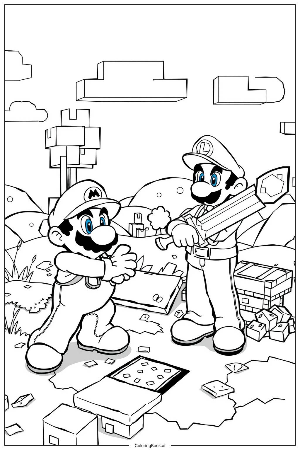 Mario And Luigi Playing In A Minecraft Inspired World Coloring Page Free PDF PNG Printable 