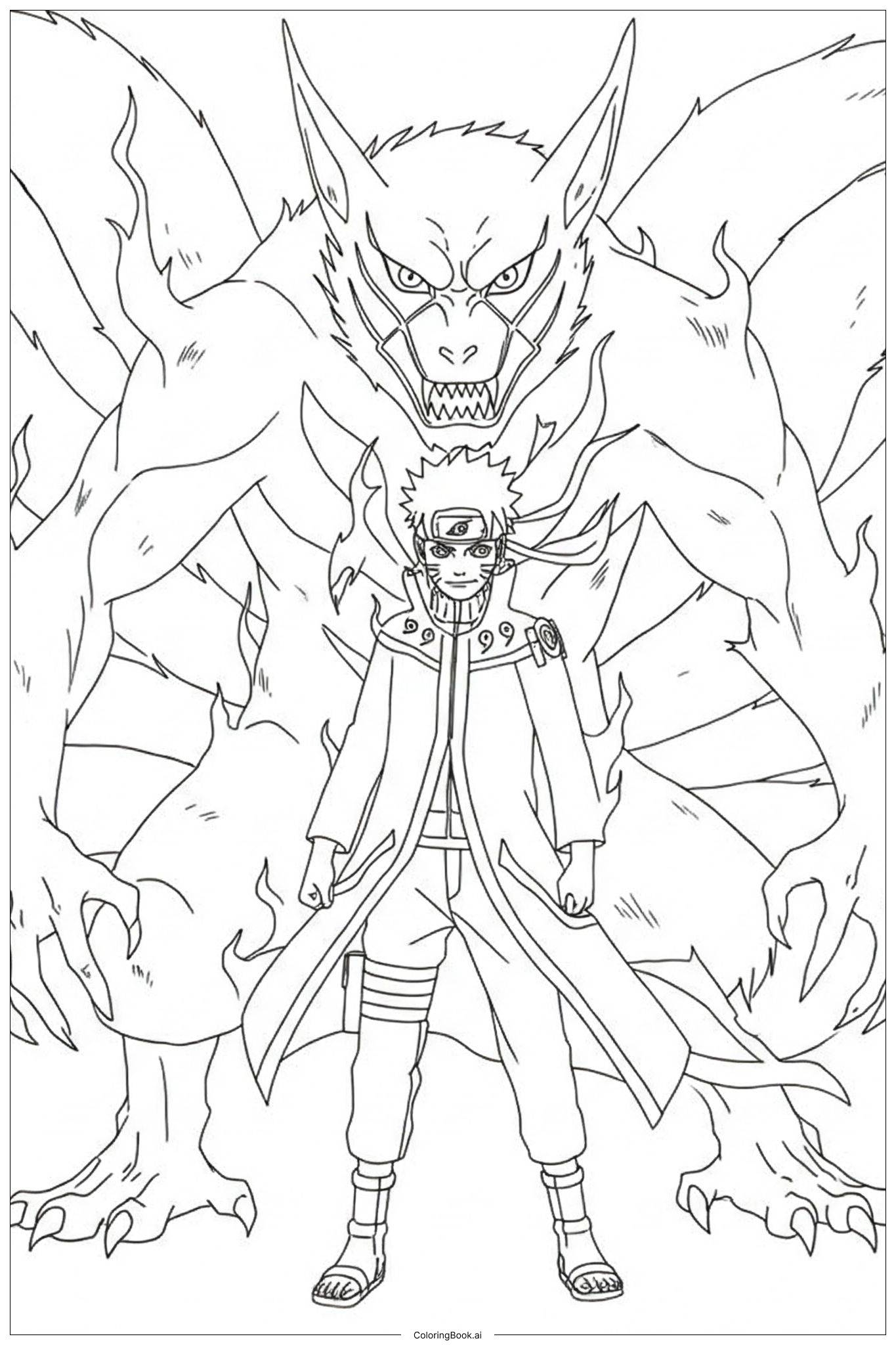 Naruto In Sage Mode With Kurama In The Background Coloring Page Free PDF PNG Printable 