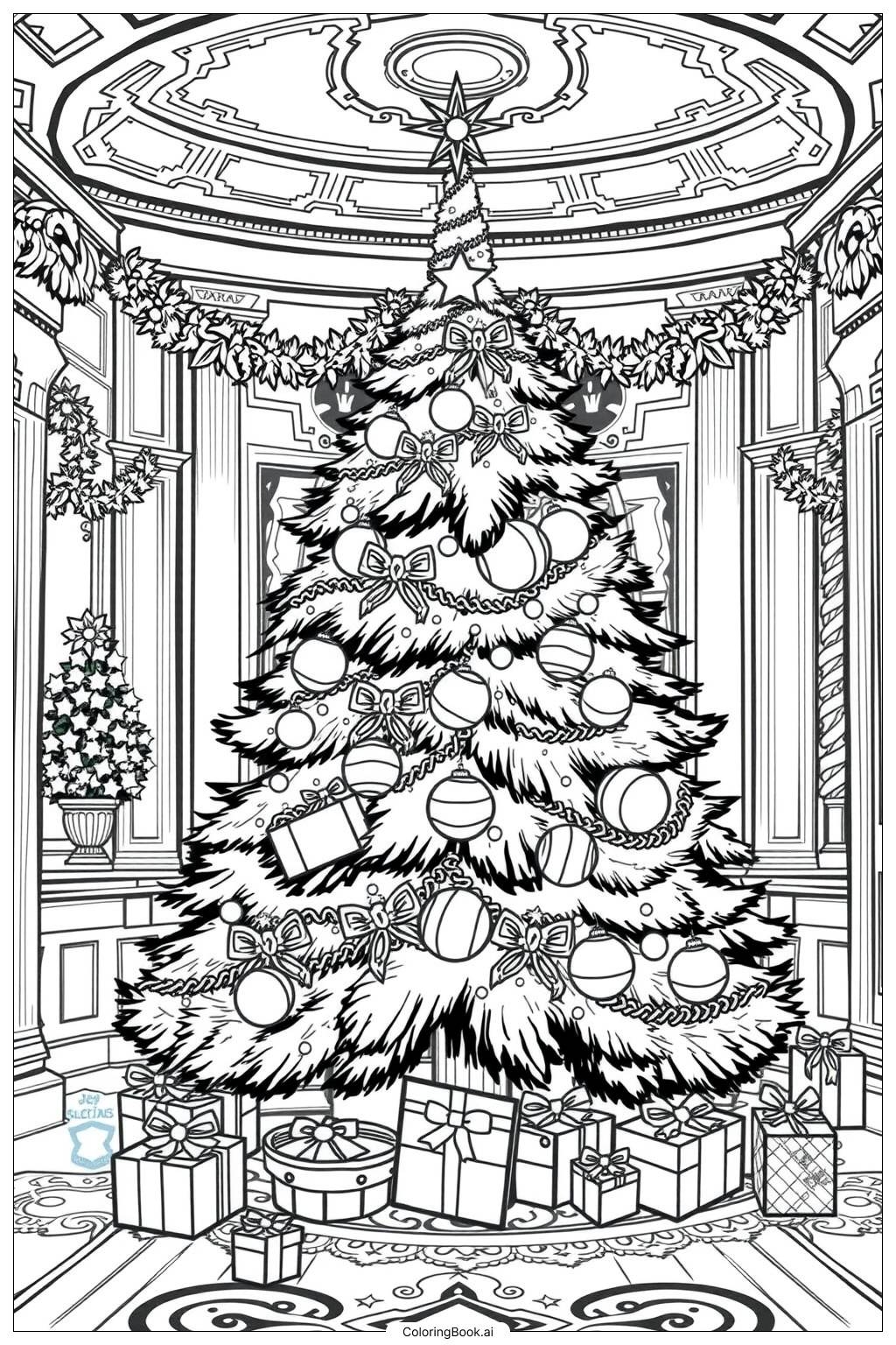 Royal Christmas Tree Palace Coloring Page Free PDF PNG Printable 