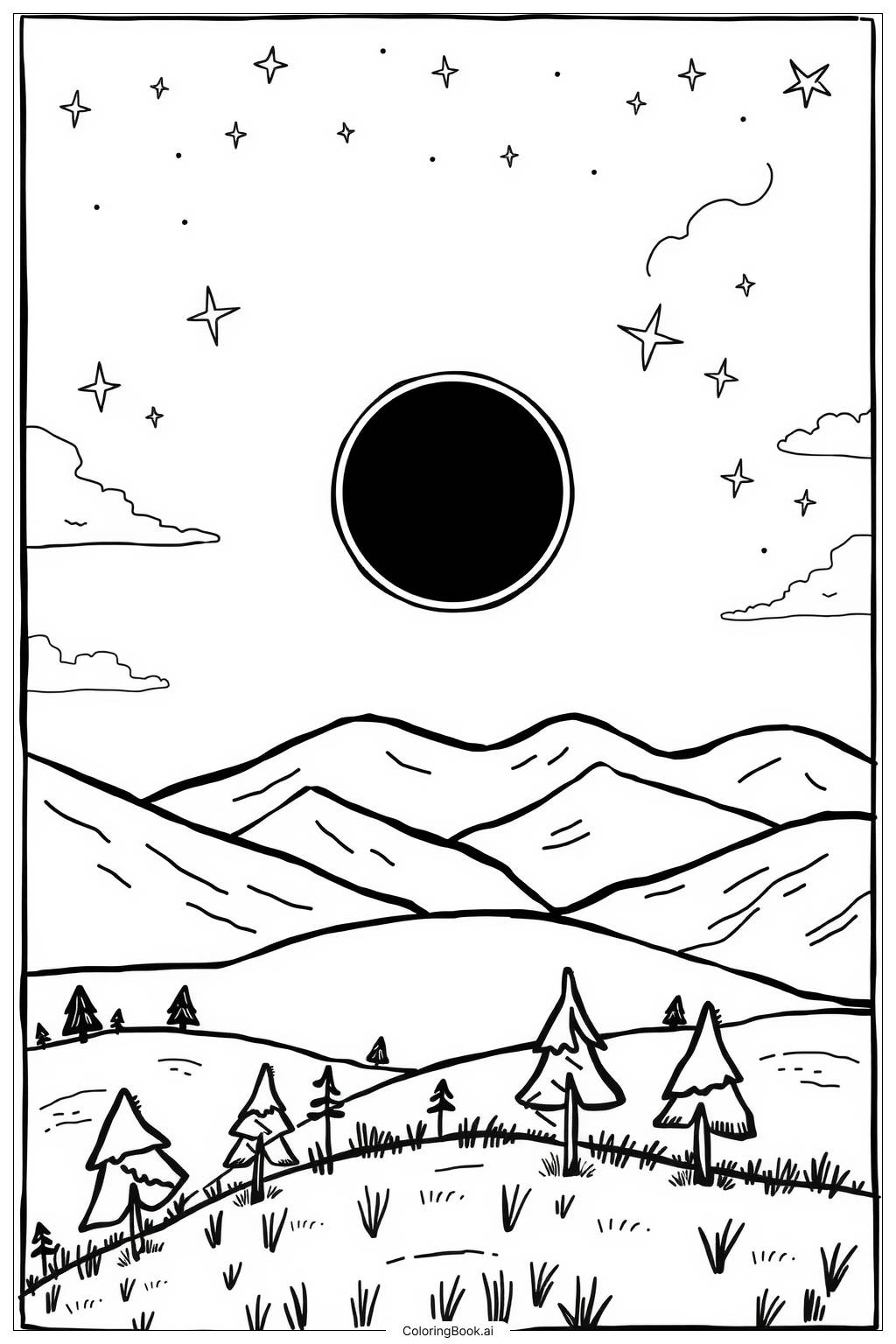 Total Solar Eclipse Panorama Coloring Page Free PDF PNG Printable 